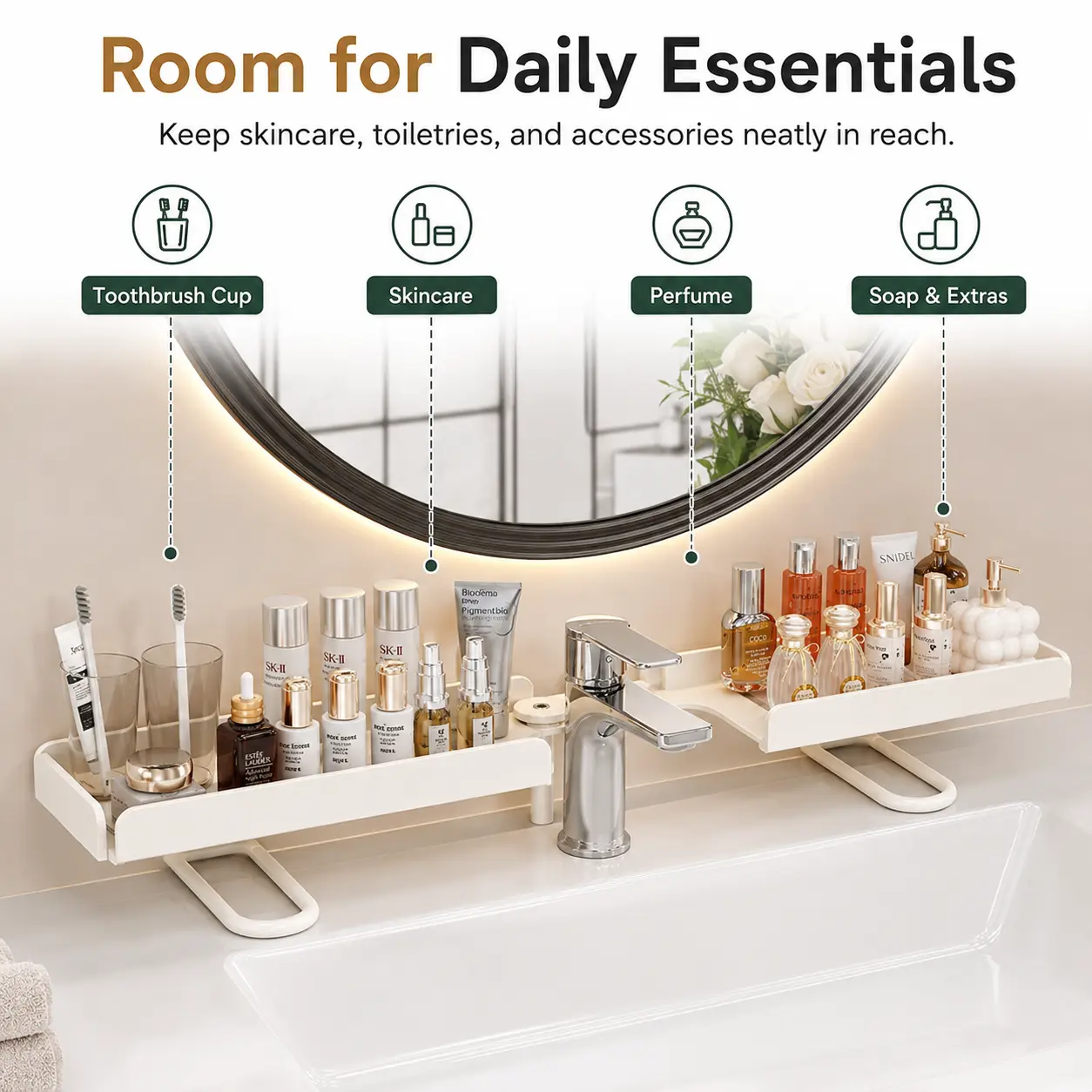 Carbon Steel Foldable Shelf Organizer - Durable No-Drilling Over-Faucet Caddy for Small Homes, Adjustable Legs, Collapsible Sink Storage Rack, Easy-Drain, Wipe-Clean with Damp Cloth, Homeowners