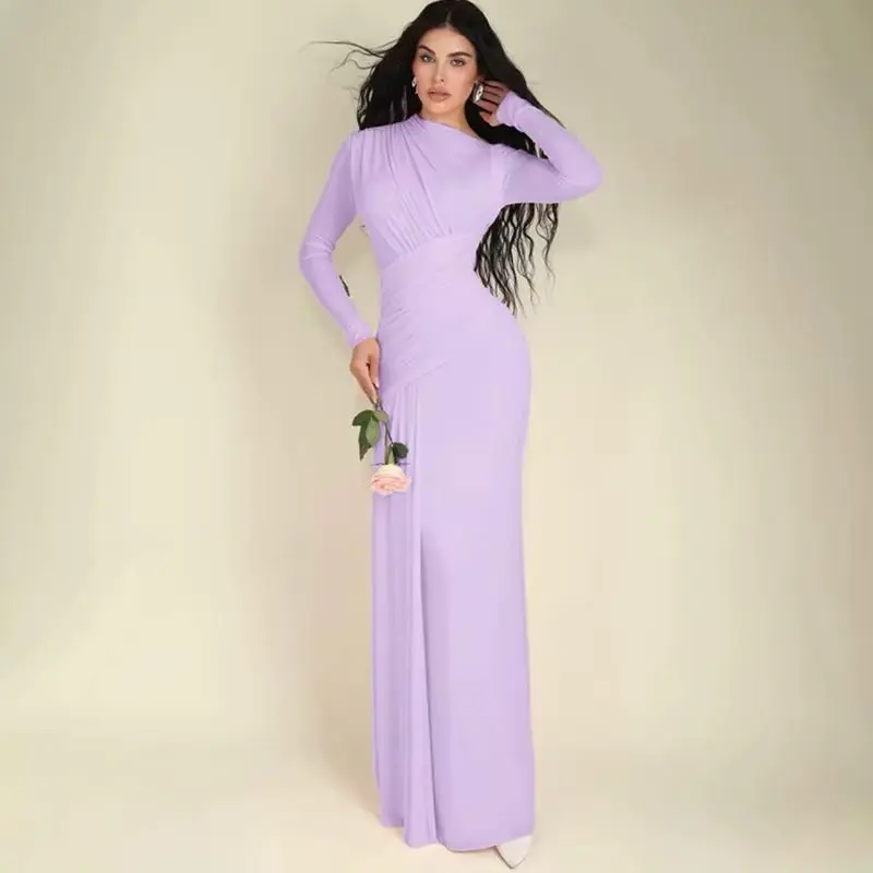 Women's Soft Stretch Ruched Maxi Dress - Lavender Longsleeves, Waist Ruches, Slim Fit, Formal Church Wedding Guest Dress, Body-Defining, Chic, All Seasons, Hand Wash Only