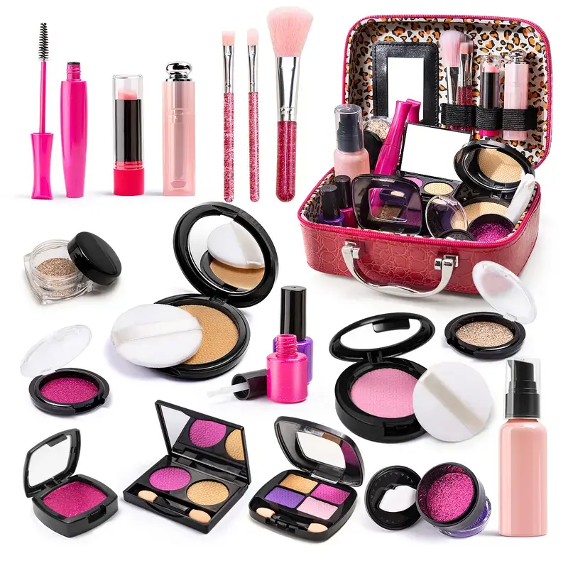 Kids Vanity Plastic Play Set with Simulated Makeup Kit & Cosmetic Bag for 3-4 Years Old Toddler Girls - Boosts Creativity & Development, Christmas Gifts for Kids, Birthday Pretend Play Toy
