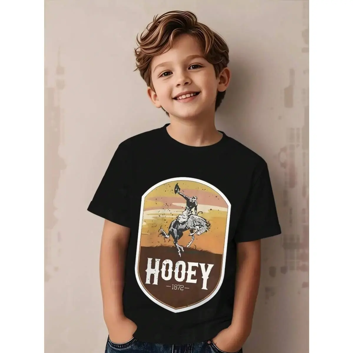 Cowboy Boys' T-Shirts, Vintage Western Graphic Printed Shirt with Bucking Horse, Soft Breathable H-Fit Cut Short Sleeve Tops for Rodeo, Medium Length, Soft Cotton