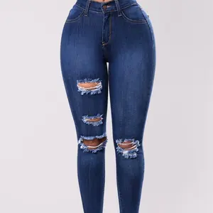 Fashionable ladies' new elastic ripped slim-fit skinny pants Jean Blue