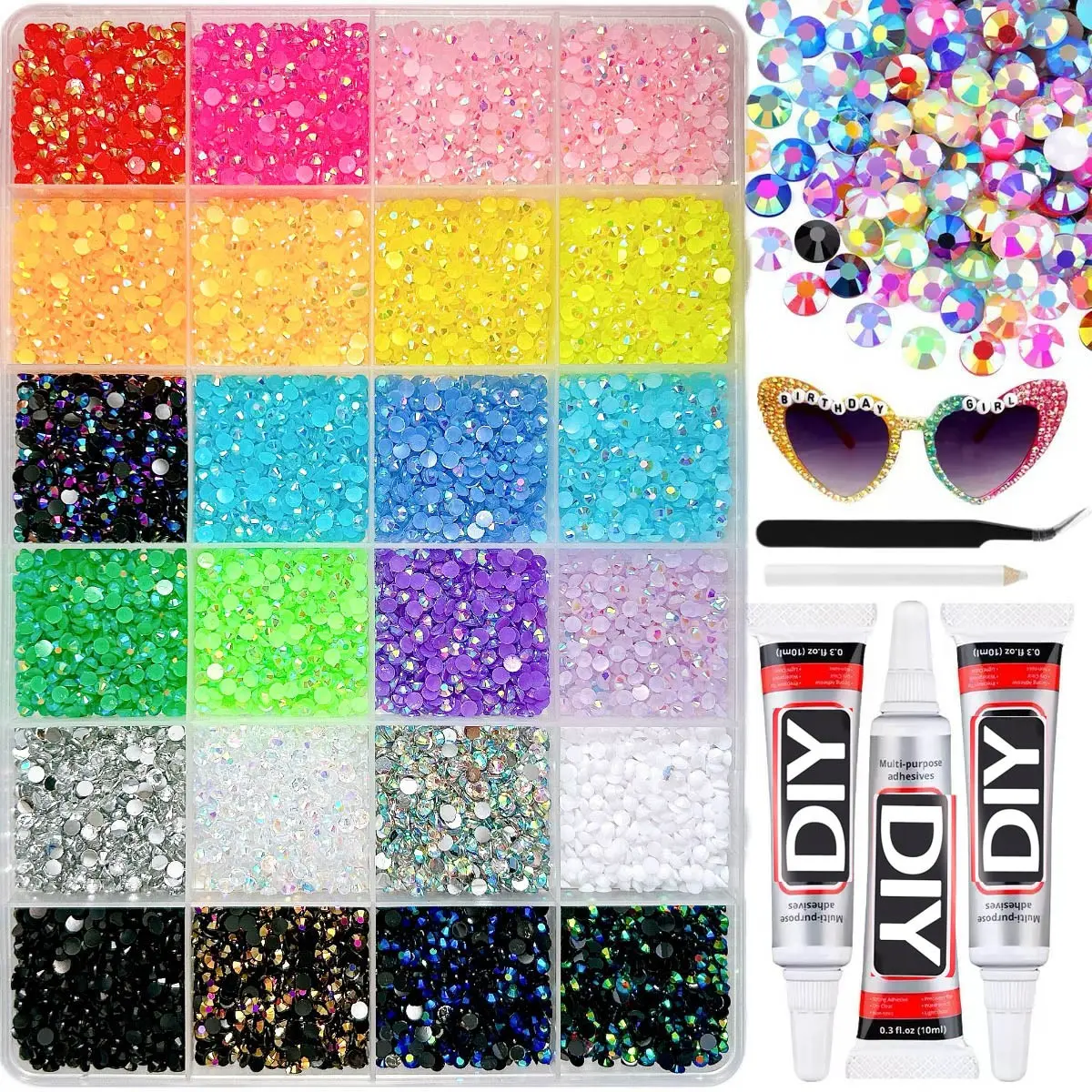 24-Piece Multicolor Flat Back Rhinestone Nail Art Kit, Includes DIY Glue, Tweezers, Dotting Tool, Perfect for Crafts, Fashion, Nail Art Rhinestones / Flatback Crystals / Multi-Color / Pickup Tool，Gifts