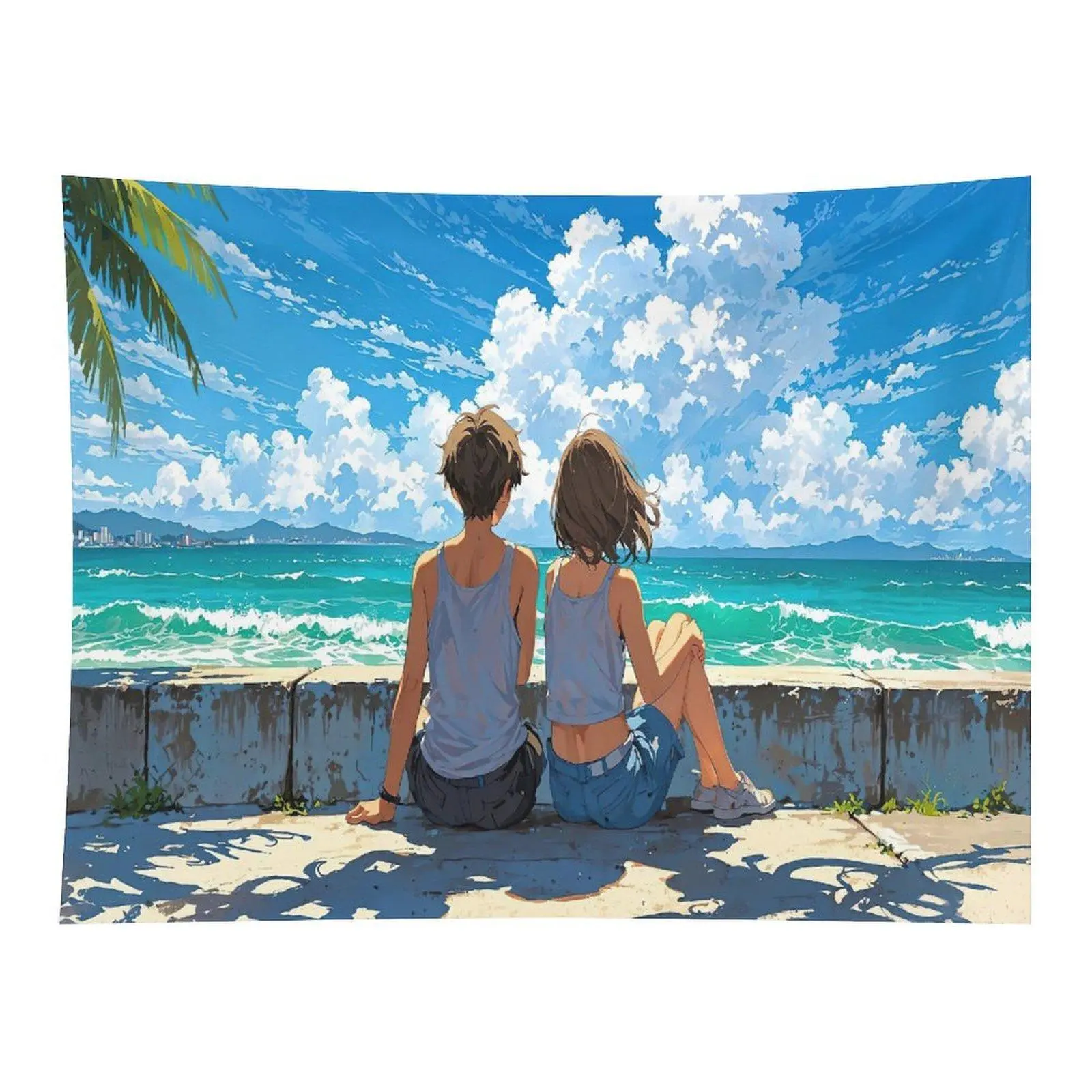Anime Couple Beach Tapestry Ocean Sky Wall Hanging, Summer Seaside Romance Tapestry for Bedroom Dorm Living Room Decor