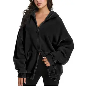 Womens Zip Up Hoodie Oversized Acid Wash Sweatshirts Heavyweight Fall Fashion Outfits Casual Jackets Winter Clothes Adjustable Coats Coats Fleece Graphic Streetwear Womenswear Essential Smooth  Zipper Tops