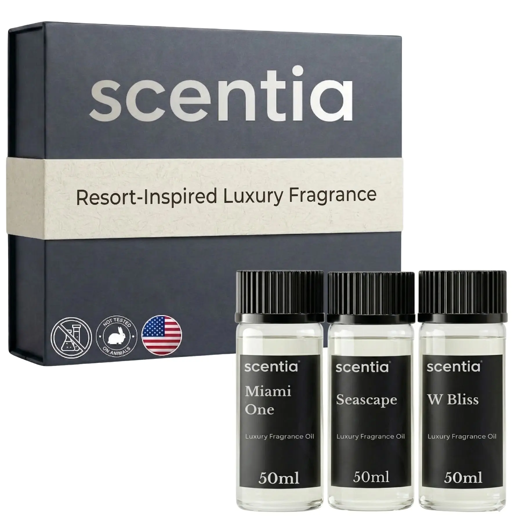 Scentia 3x50ml Hotel-Inspired Fragrance Oil Set - Luxury Floral Coastal Collection, Travel Size Refill Bottles, Premium Home Freshener for Cold Air, HVAC & Ultrasonic Diffusers, Spa-Style Hosting Gift Box