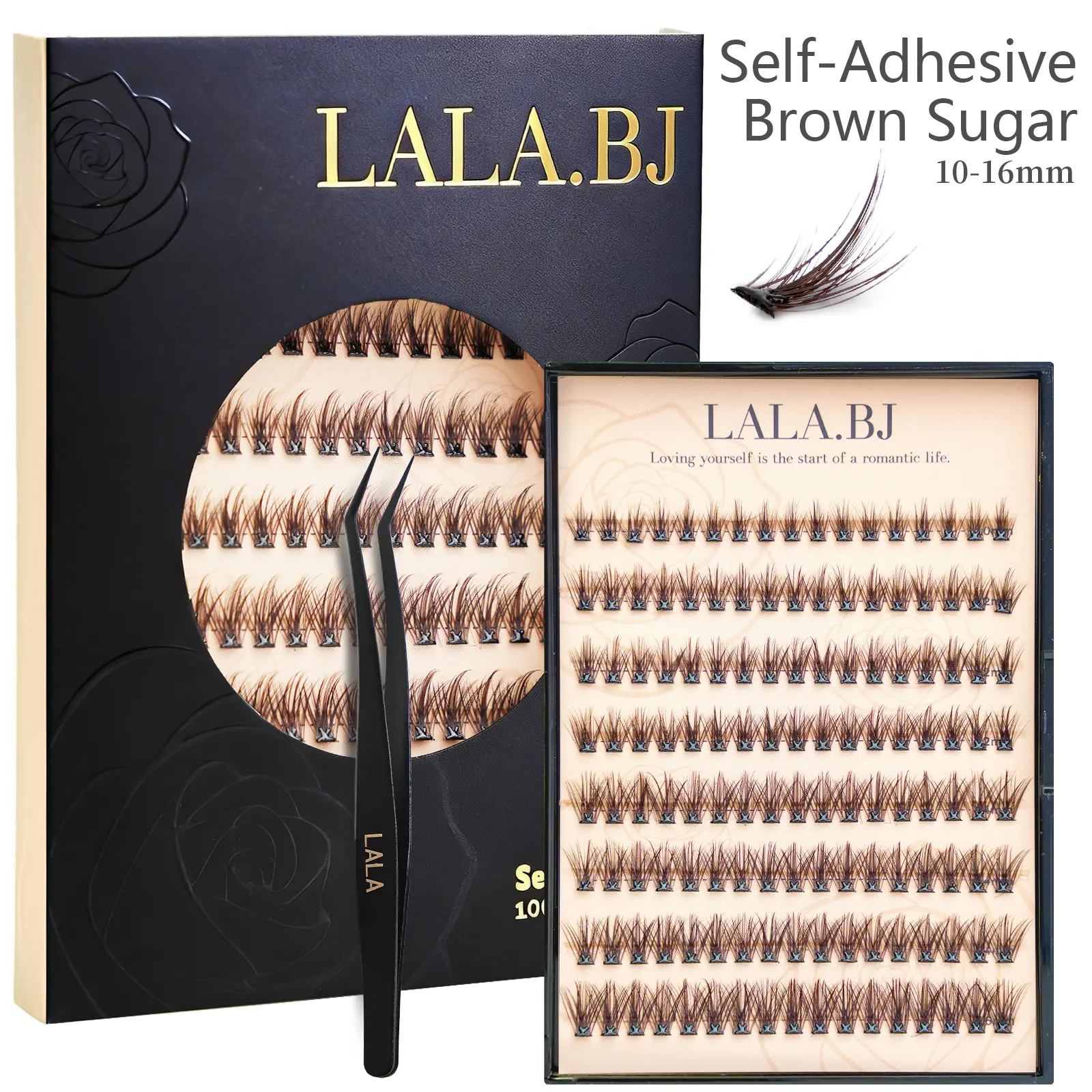 【Brown Sugar】LALA DIY Eyelashes DARK BROWN Self Adhesive Lash Clusters Pre glued Eyelash Clusters No Glue Needed Lashes Wispy C-curly Cluster Eyelash extensions 10-16mm Individual Lashes Curler Convenient Use
