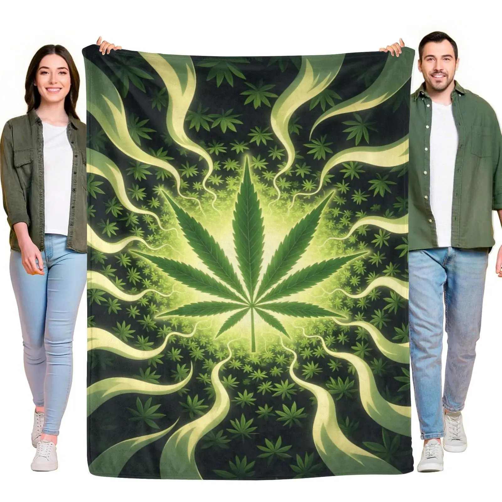 Glowing Green Cannabis Leaf Swirl Smoke Dark Background Seamless Throw Blanket, Psychedelic Herbal Aesthetic Lightweight Blanket for Relax Room Decor