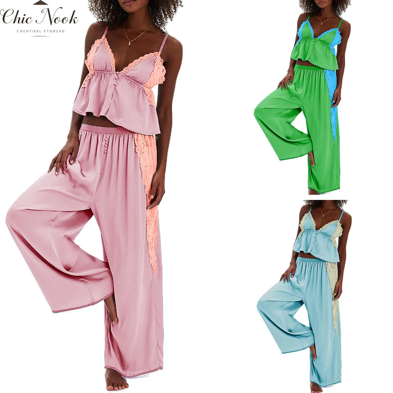 Women Two Piece Outfit Pajama Lace V Neck Sleeveless Ruffle Cami Top Loose Pants Nightwear Set Lightweight Breathable Trendy Streetwear Vacation Beach Travel Resort Holiday Daily Lounge Home Comfort Sleepwear
