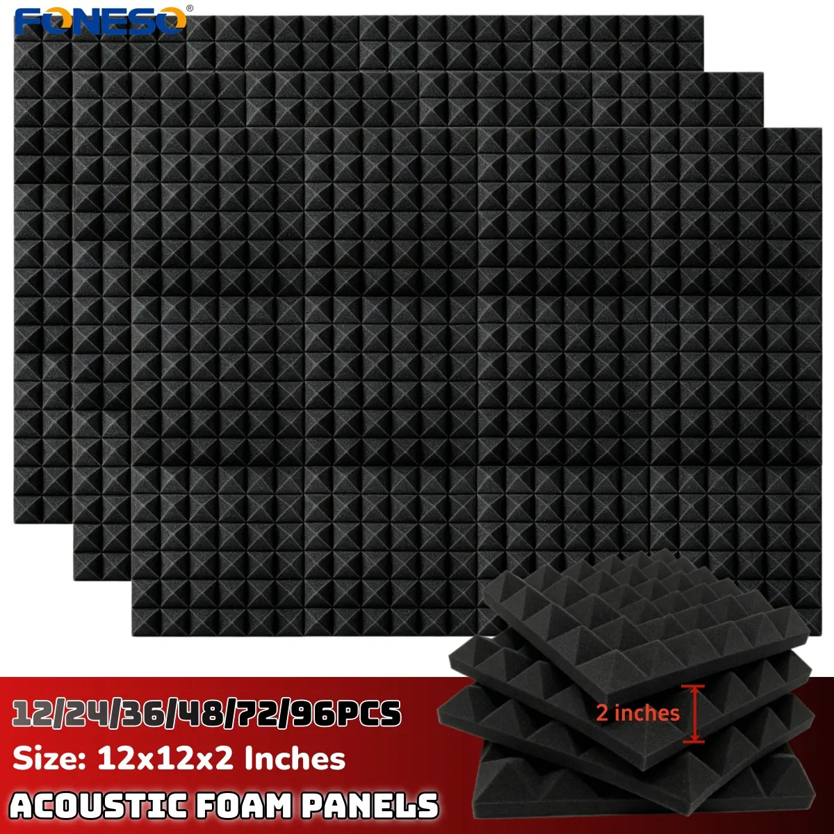 12-96 Pack Acoustic Foam Panels Set, 12x12x2 Inches Super Soundproof Pyramid Foam, High Density Fire Resistant Sound Proof Panels Black/Gray, Studio Foam for Wall Ceiling, Home Studio & Office Acoustic Treatment
