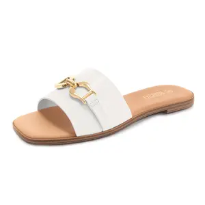 Women's Flat Sandals Summer Comfortable Square Open Toe Slip On Leather Slide Sandals Footwear Shoe