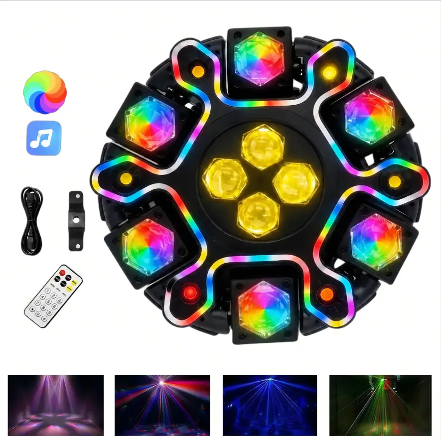 200W  Moving Head DJ Light - 6-Arm RGBW LED Strips, 4-in-1 Bee Eye Effect, Red/Green Laser, White & Amber Strobe, 26-Channel DMX512 Control & Party Remote for Club/Bar