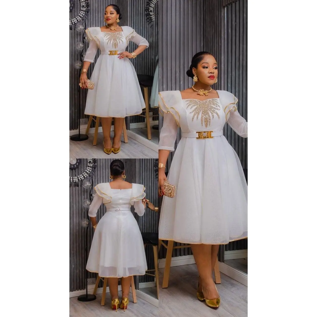 White Rhinestone-Embellished Twirl Skater Midi Dress: Birthday Party Outfit  Wedding Guest Attire Graduation Cocktail Dinner - TikTok Shop