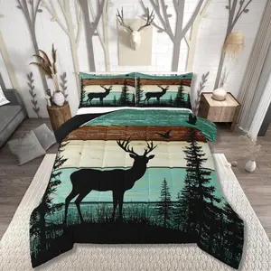 Deer Hunting Bedding Set,Rustic Farmhouse Comforter Set,Country Lodge Cabin Quilt for Kids Boys Men Women,Woodland Mountain Tree Duvet Insert Vintage Barn Door Home Decor,Turquoise Brown
