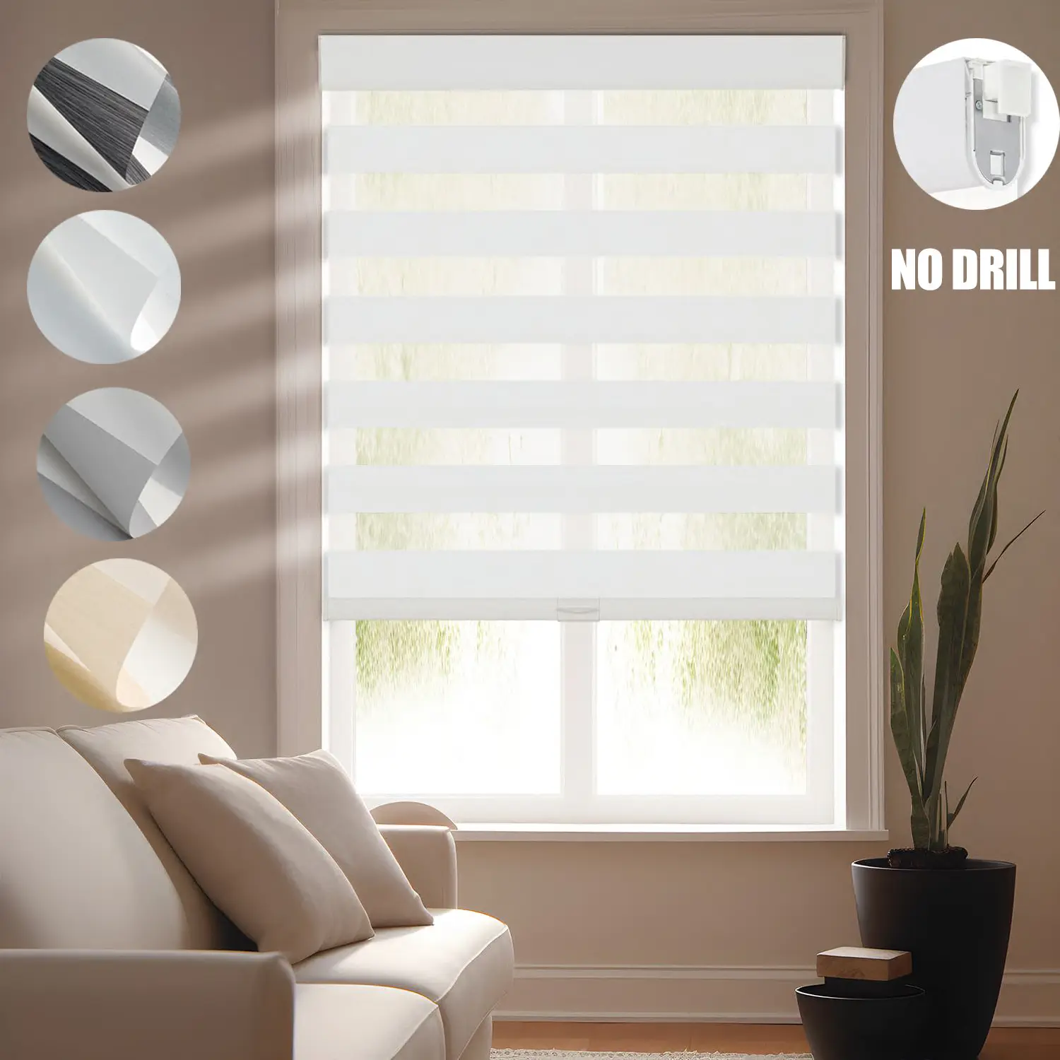 Persilux No Drill No Tools Custom Size Zebra Blind Dual Layer Privacy for Day and Night Window Blinds Light Filtering Cordless Windows Shades for Windows,Easy to Install Thermal Insulated Blinds,White