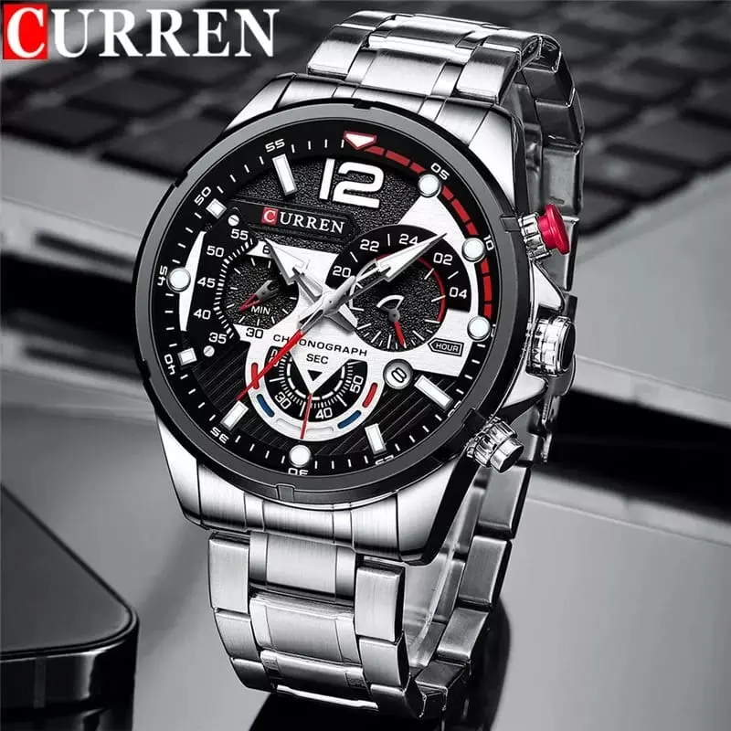 Curren Chronograph Stainless Steel Watch For Men 23cm Band 24mm Width 14mm Case Round Dial 47mm Auto Date Luminous