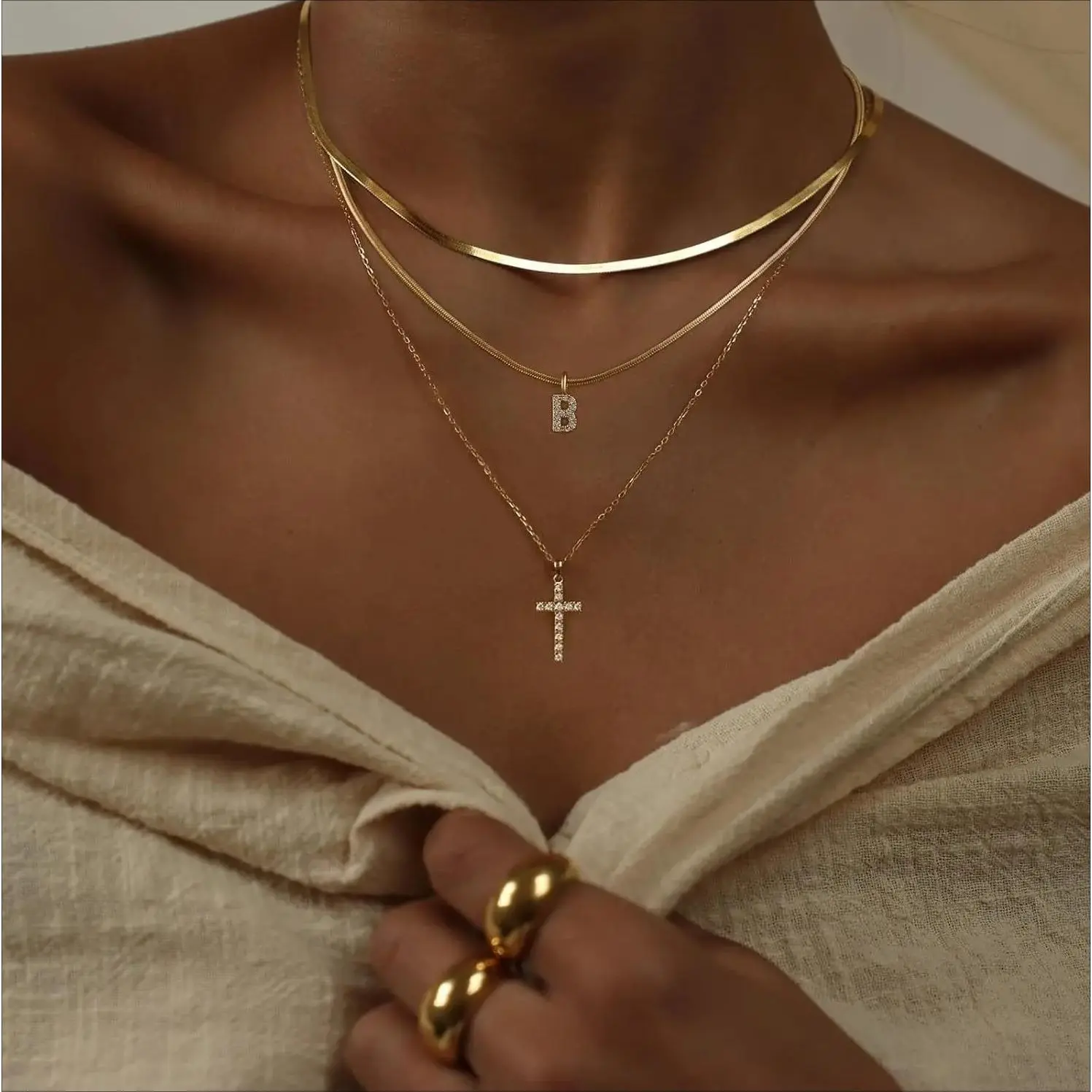 14K Gold Plated Layered Necklaces for Women, Tiny Initial Stackable Chain with CZ Cross & Safety Pin Pendant outdoorfun