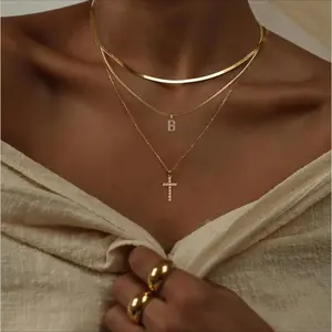 14K Gold Plated Layered Necklaces for Women, Tiny Initial Stackable Chain with CZ Cross & Safety Pin Pendant outdoorfun