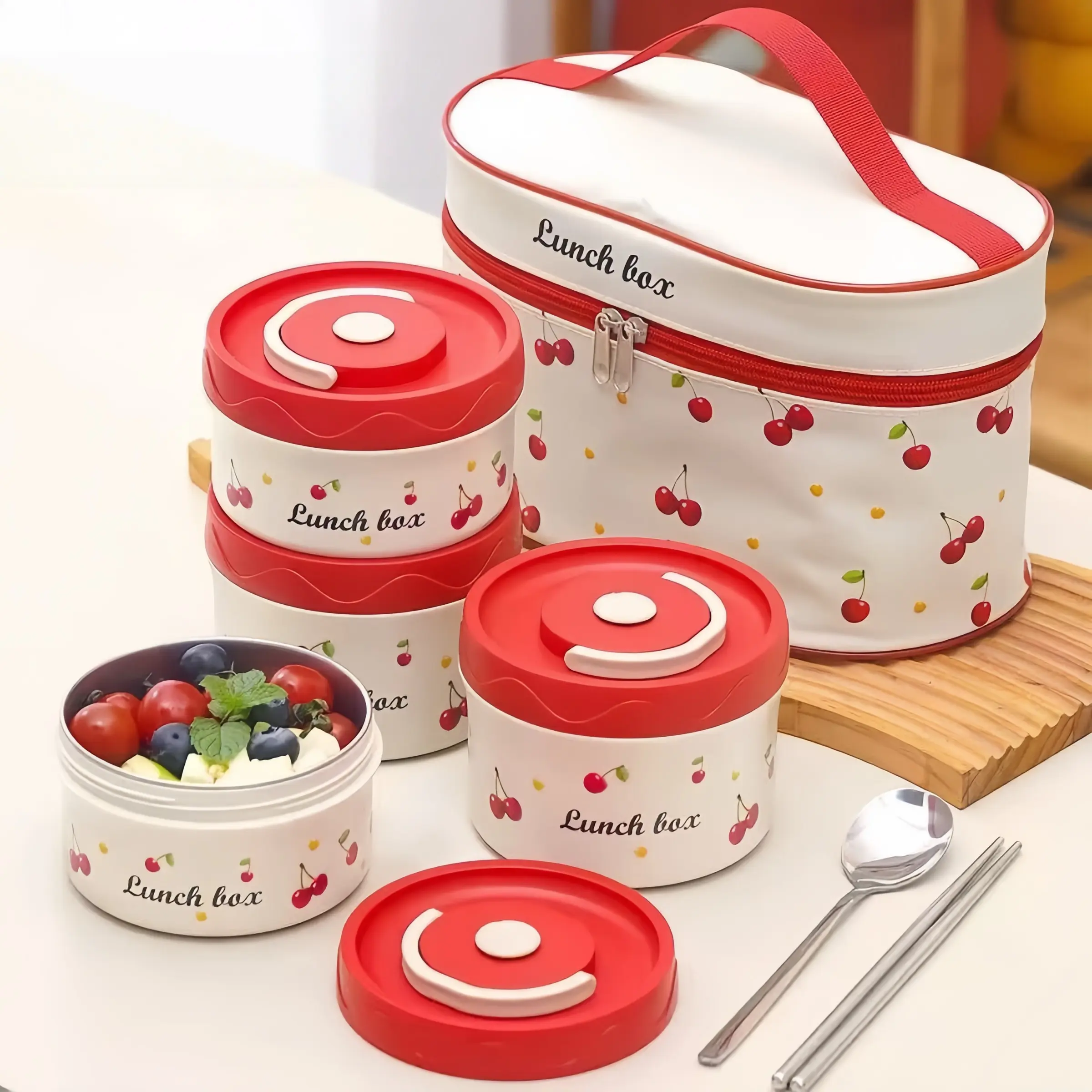 4-Piece Insulated Bento Box Set, Cherry Stainless Steel Lunchbox for Students & Office Workers, Microwave Safe Reusable, Portable, Stackable, Includes Bag, Microwavable Bento Box, Thermal Lunch Box, Stackable Lunch Container
