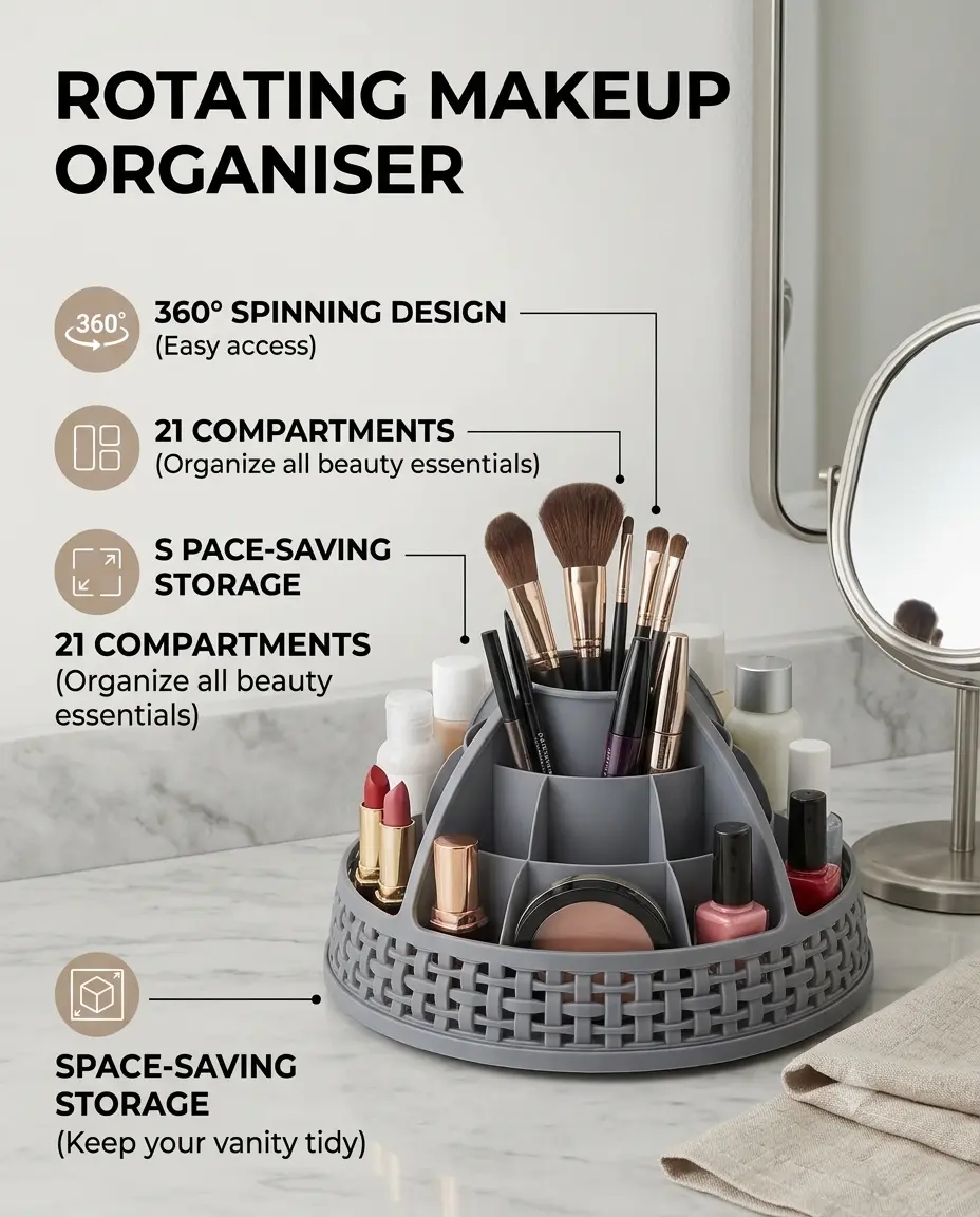 Rotating Makeup Organiser, 360 Degree Spinning Beauty Storage with 21 Compartments, Grey