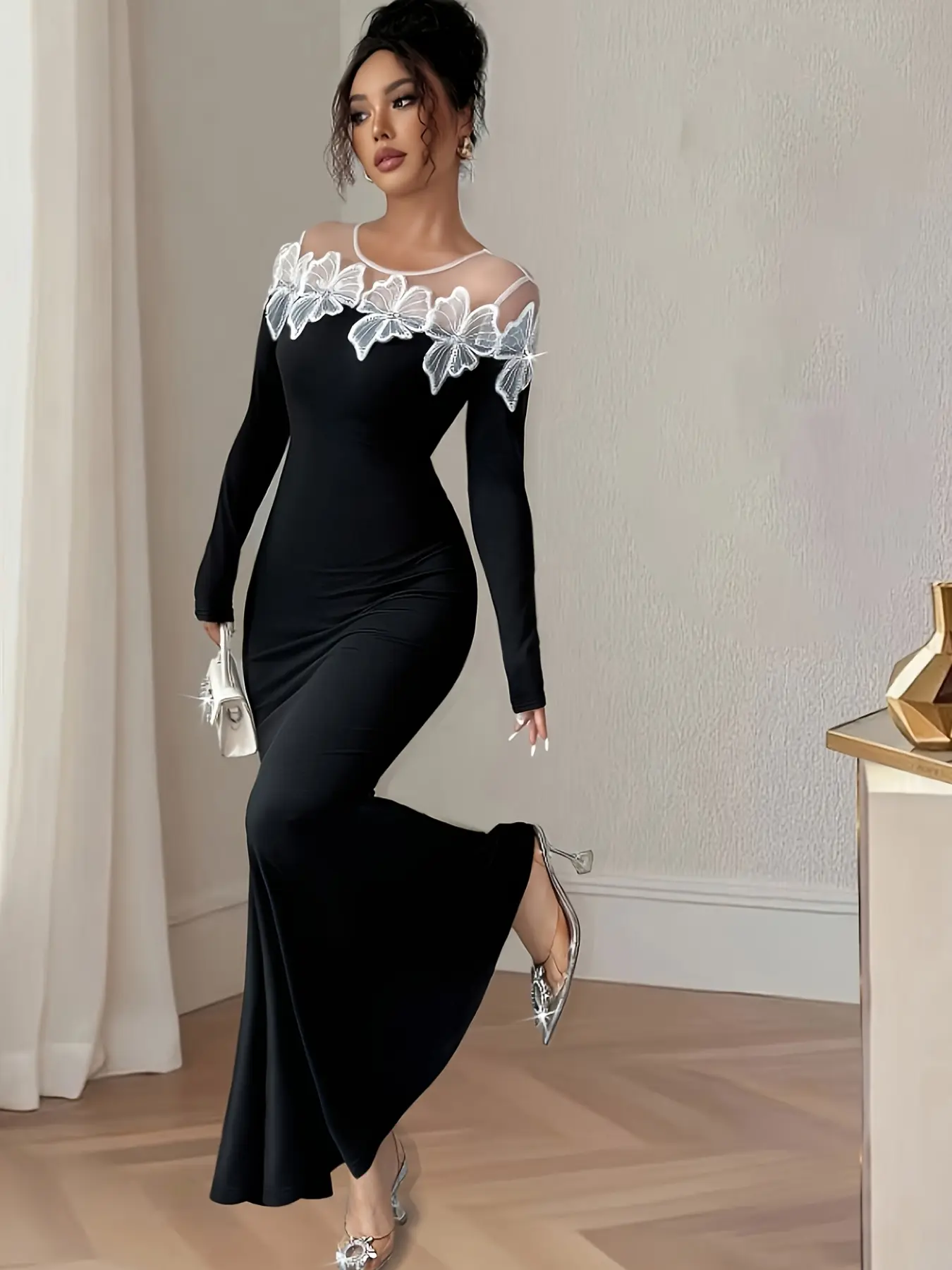 Embellished dress, A Chic Elegant Fitted Formal black mesh patchwork lace dress for women, with Long Sleeve mesh patchwork off the shoulder, slim fit to show off the figure, suitable for commuting to work, shopping and outdoor activities