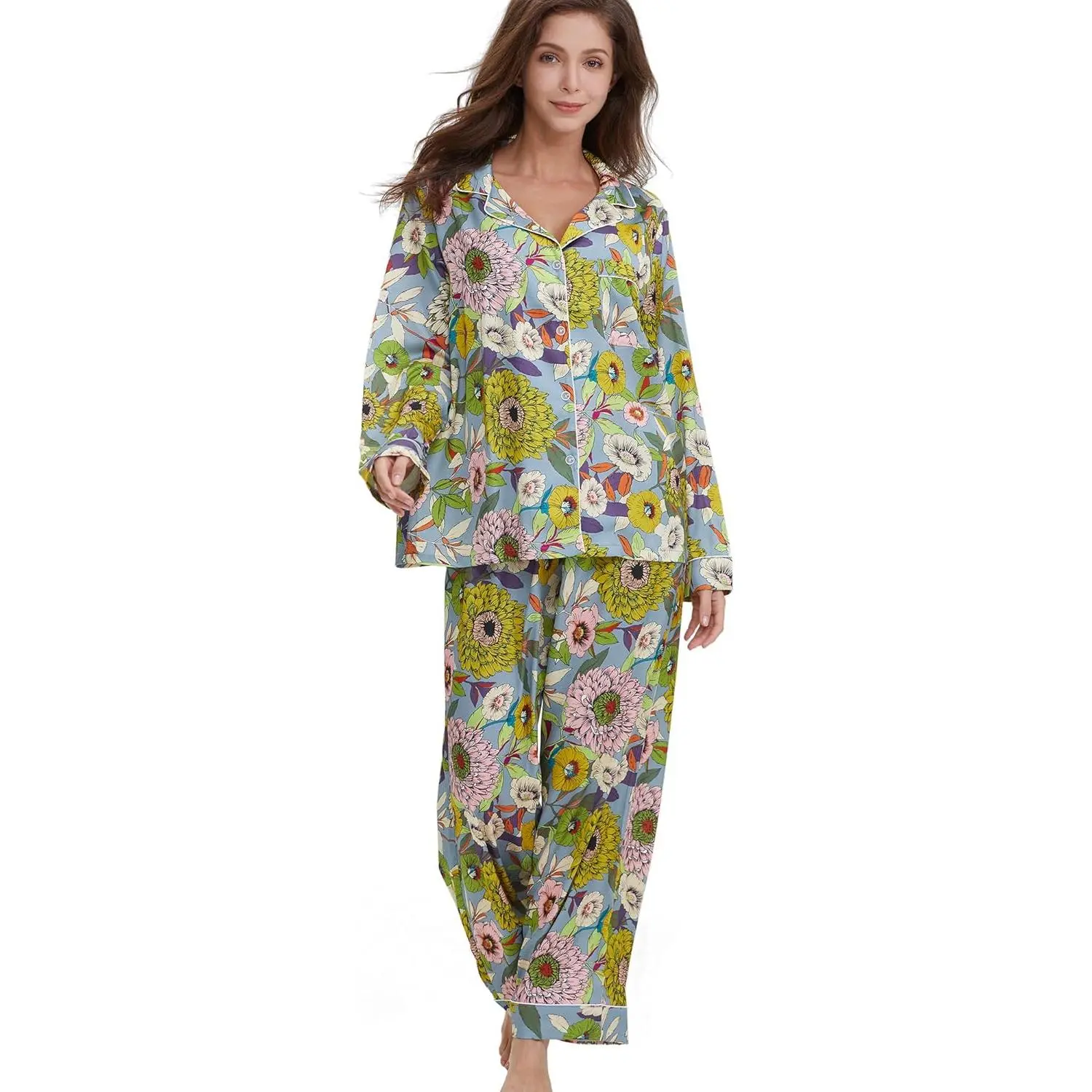 Women's Plus Size Cartoon Bear 2-Piece Cotton Pajama Set, Oversize Longsleeves Button-Front Top & Full-Length Pyjama Bottoms, All Seasons Nightwear Loungewear