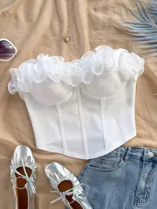 Summer Women's Fashion Elegant Ruffled Lace Crop Top, Slim-Fitting Sleeveless Halter Neck, Casual Plain Color Blouse Womenswear Fitted Piece