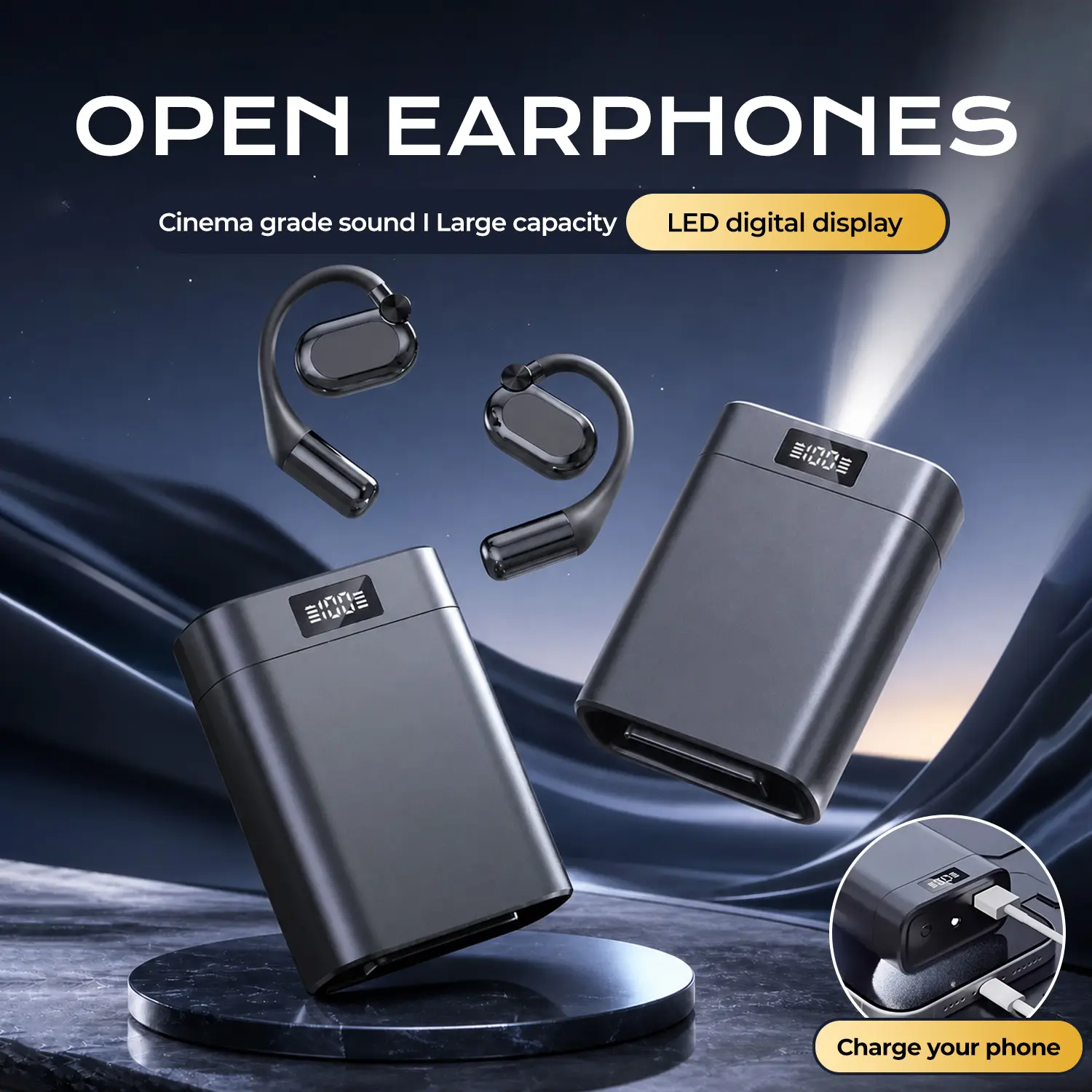 3-in-1 Adjustable Wireless Earphones with Smartphone Charging Support, Built-in LED Flashlight & Power Display, Hi-Res Audio, Ergonomic Design, Sport Bluetooth 5.4 Headphones for Running/Workout/Gym