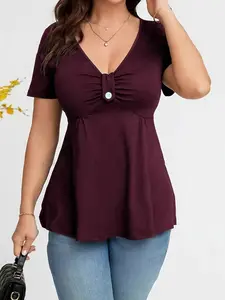 Plus Size Plain V Neck Button Pleated Waist Short Sleeve T-Shirt, Elegant Slim-Fitting Top, Casual Versatile A-Line Shirt, Fitted