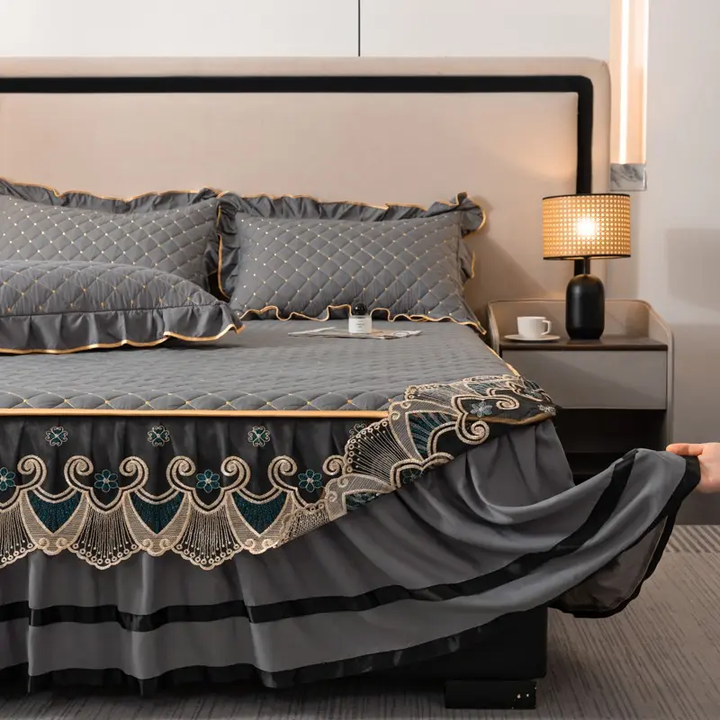 3pcs Quilted Lace Bedskirt Set, Includes 1 Bedskirt and 2 Pillowcases, Thick Stitched Mattress Protector, Bed Sets
