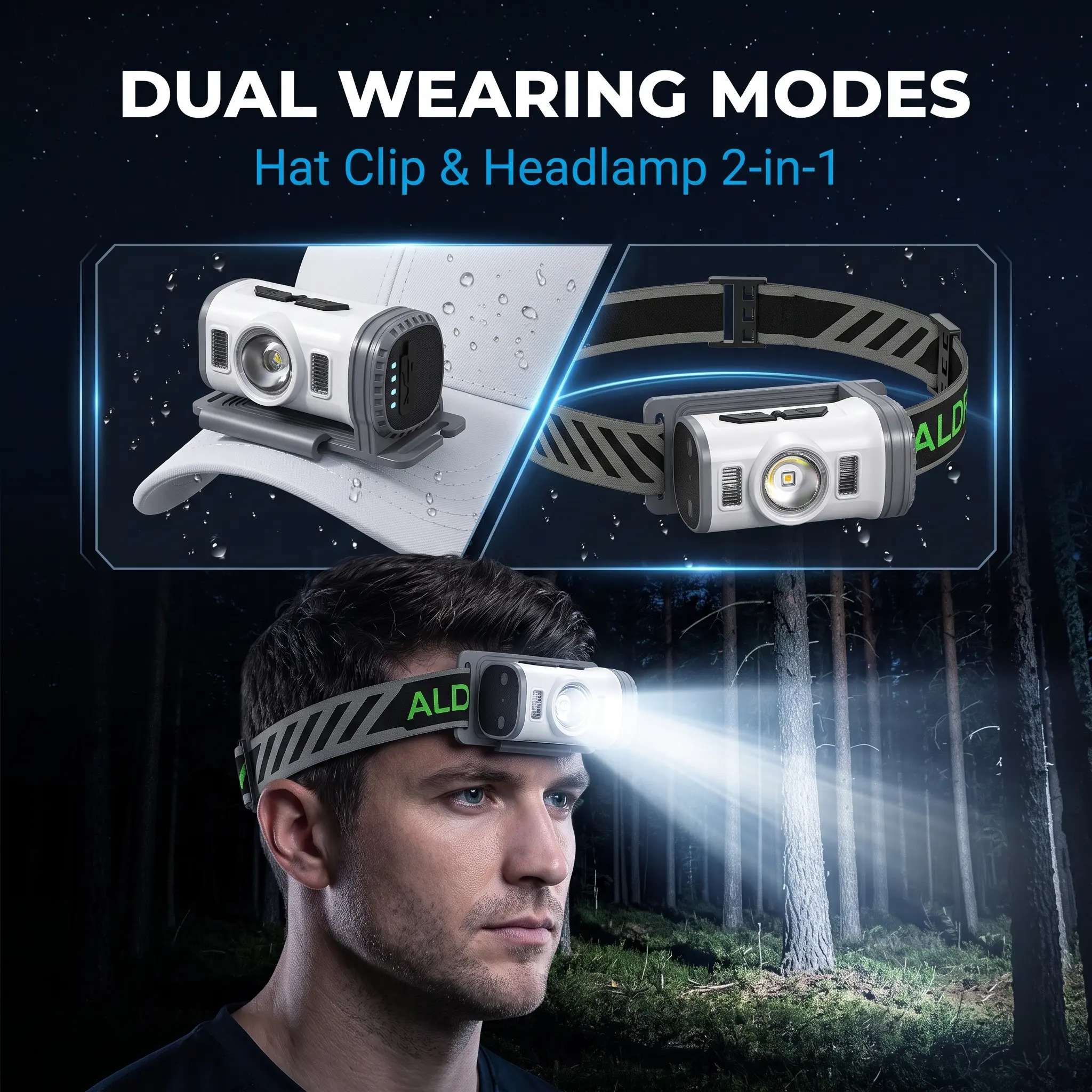 2-in-1 Mini Rechargeable Headlamp Clip On Cap Light, 33g Ultra Light Motion Sensor Head Flashlight, 360° Rotatable Red Blue Warning Light for Running Fishing Camping Cycling Emergency