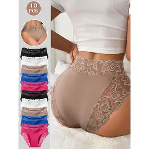 QUASTI 10 Pack Women's Mid Waisted Seamless Sexy Lace Briefs, Skin-friendly Hip Lifting Full Coverage Breathable Anti Roll Edge Panties, Multi Colored Minimalist Fashionable Elegant Daily Underwear, S-XXL, Style, Fabric, Smooth, Soft