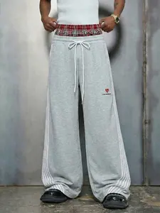Y2K Grunge Plaid Waist Wide Leg Sweatpants | Streetwear Striped Baggy Trousers | Los Angeles Heart Embroidered Lounge Pants | Skater/Streetwear Aesthetic | Trendy Oversized Casual Chic Bottoms for Men/Women | Vintage Plaid Double Waistband Sweatpants