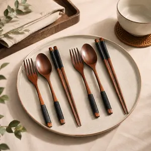 2 Sets Wooden Tableware Set for Couples - Handmade Heat-Resistant Forks, Chopsticks & Korean Spoons - Japanese Chopsticks Included - Ideal for Romantic Dinners & Gifts for Parents