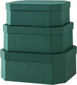 Octagon Textured Decorative Boxes for Organizing, Set of 3 Nesting Cardboard Storage Containers for Gifts, Durable Memory Boxes for Keepsakes, Forest Green