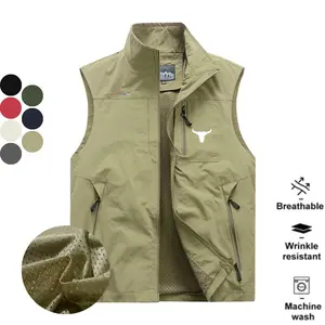 Men’s versatile casual outdoor sports vest with a bull head print, breathable mesh, multiple pockets, suitable for all seasons—ideal for fishing; great gift for guys