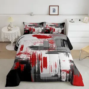 Luxury Abstract Pattern Microfiber Bedding Set - Unique Modern Art Aesthetic Comforter, Red Grey Black Design, Soft Microfiber Textiles for Bedroom