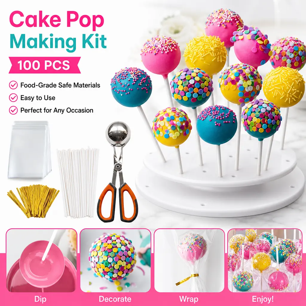 301PCS Pastry Making Accessories Kit – 100 Cake Sticks, 100 Parcel Bags, 100 Twist Ties & 1 Cake Pop Mold with Handle Clip, Stainless Steel Lollipop Maker for Candies, Chocolates, Cookies – Viral TikTok Baking Must-Have for Parties & DIY Desserts