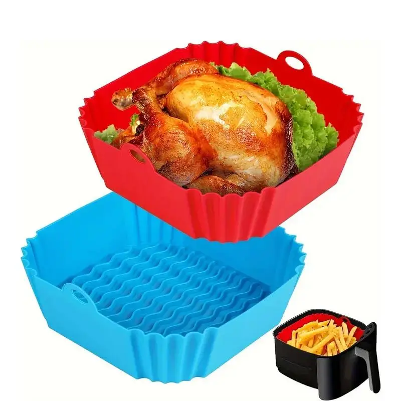 Kitchen 2-Piece Square Reusable Silicone Air Fryer Liners, 2-Piece Set with Snug 8" Fit, Home Accessory for 4-7 QT Oven & Microwave, Red & Blue Kitchen Appliance Parts