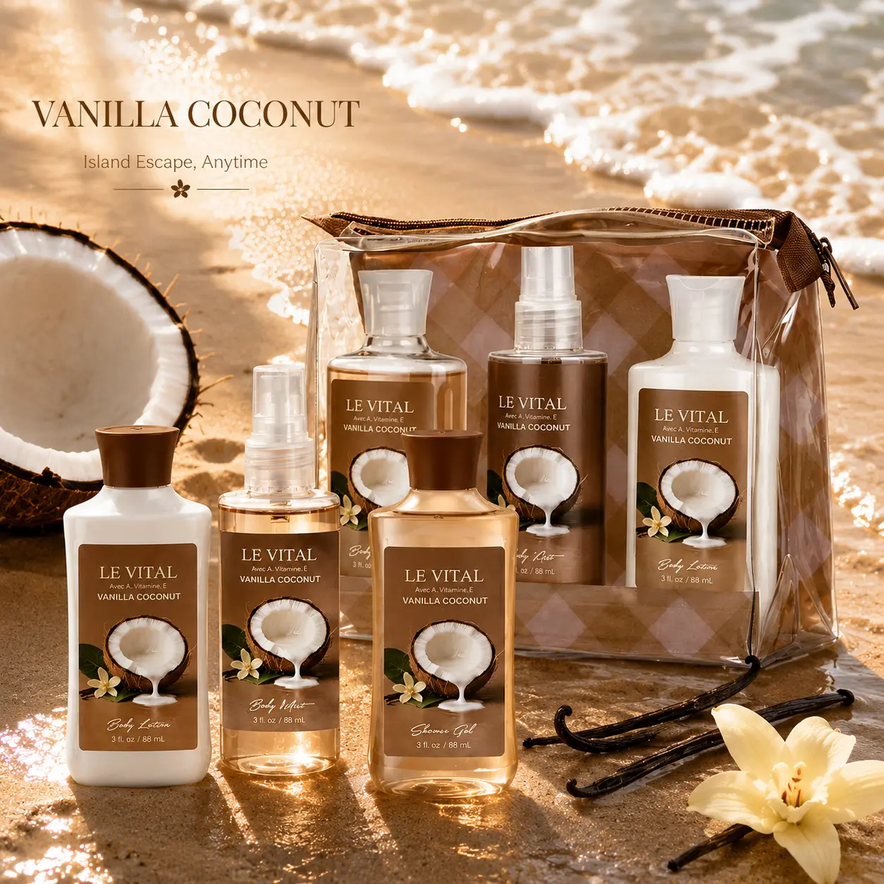 Le Vital Vanilla Coconut 3-Piece Body Care Set - Hydrating 3 Items Kit with Travel Bag, Shower Wash, Body Lotion Cream, Mist Spray, Aloe, Vitamin E, Portable Beauty Essentials, Ideal Gift for Her, Wedding Party Favors