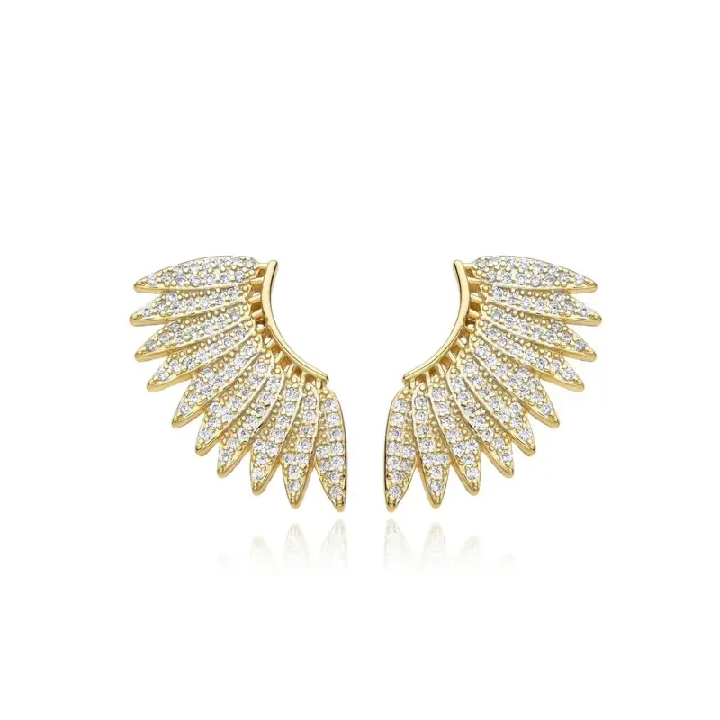 Gold Angel Wings Ear Studs - Classic Style Metal Earrings with Sparkling Details, Flat Pierced Earrings for Daily Wear, Classic Style Earrings