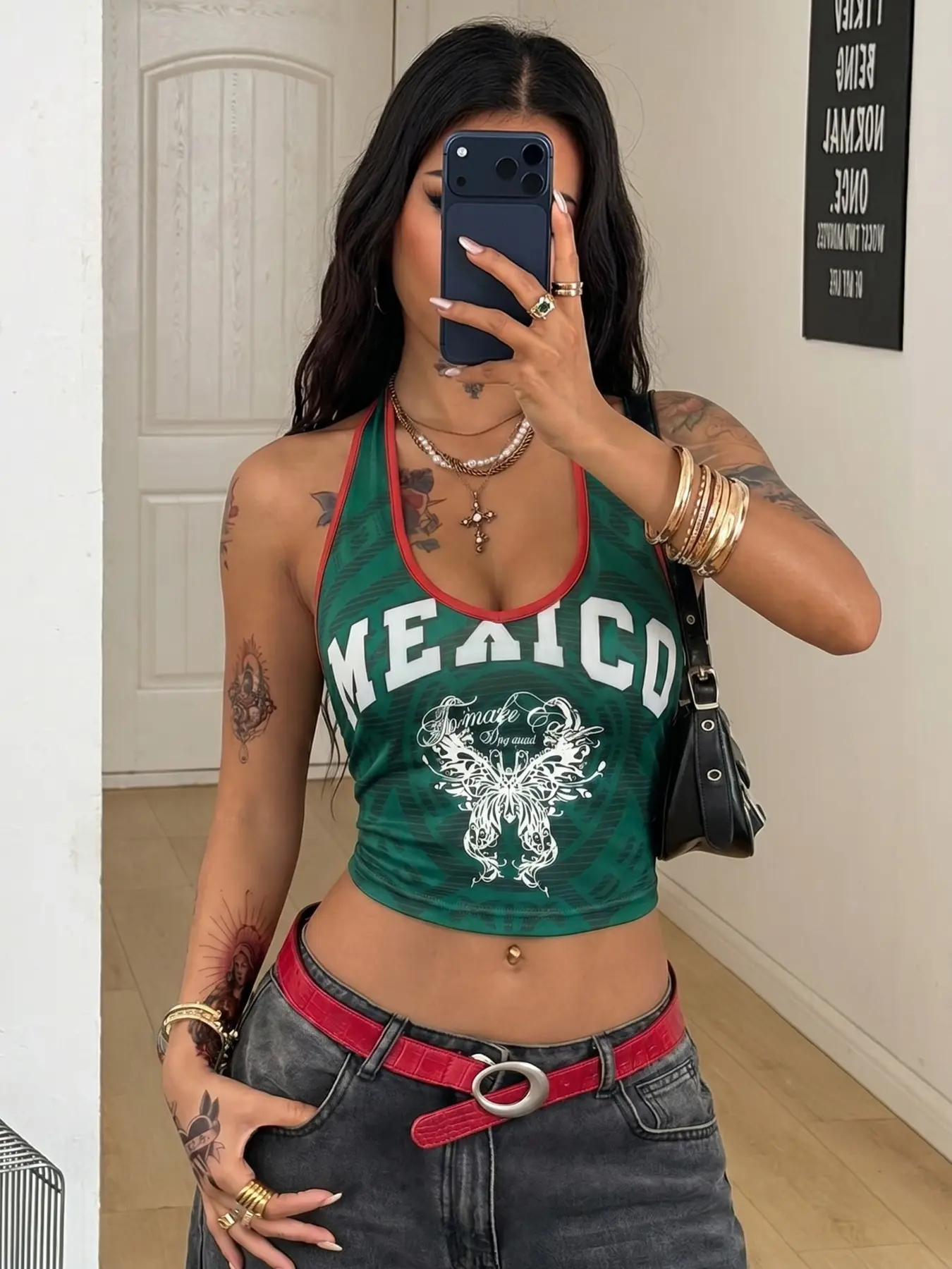 Green Mexico Butterfly Print Halter Crop Top Women, Retro Y2K V-Neck Slim-Fit Cropped Tank with Red Trim for Summer Streetwear
