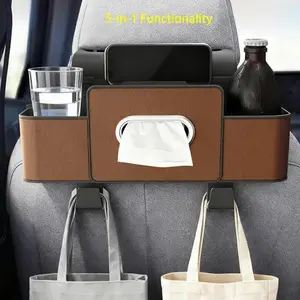 Car Organizer Brown Multifunctional Seat Back Storage Box with Tissue Cup Holder Hooks Large Capacity Backseat Hanging for Travel,perfect for young people, road trips and travels,fashionable and practical, suitable for family adventures