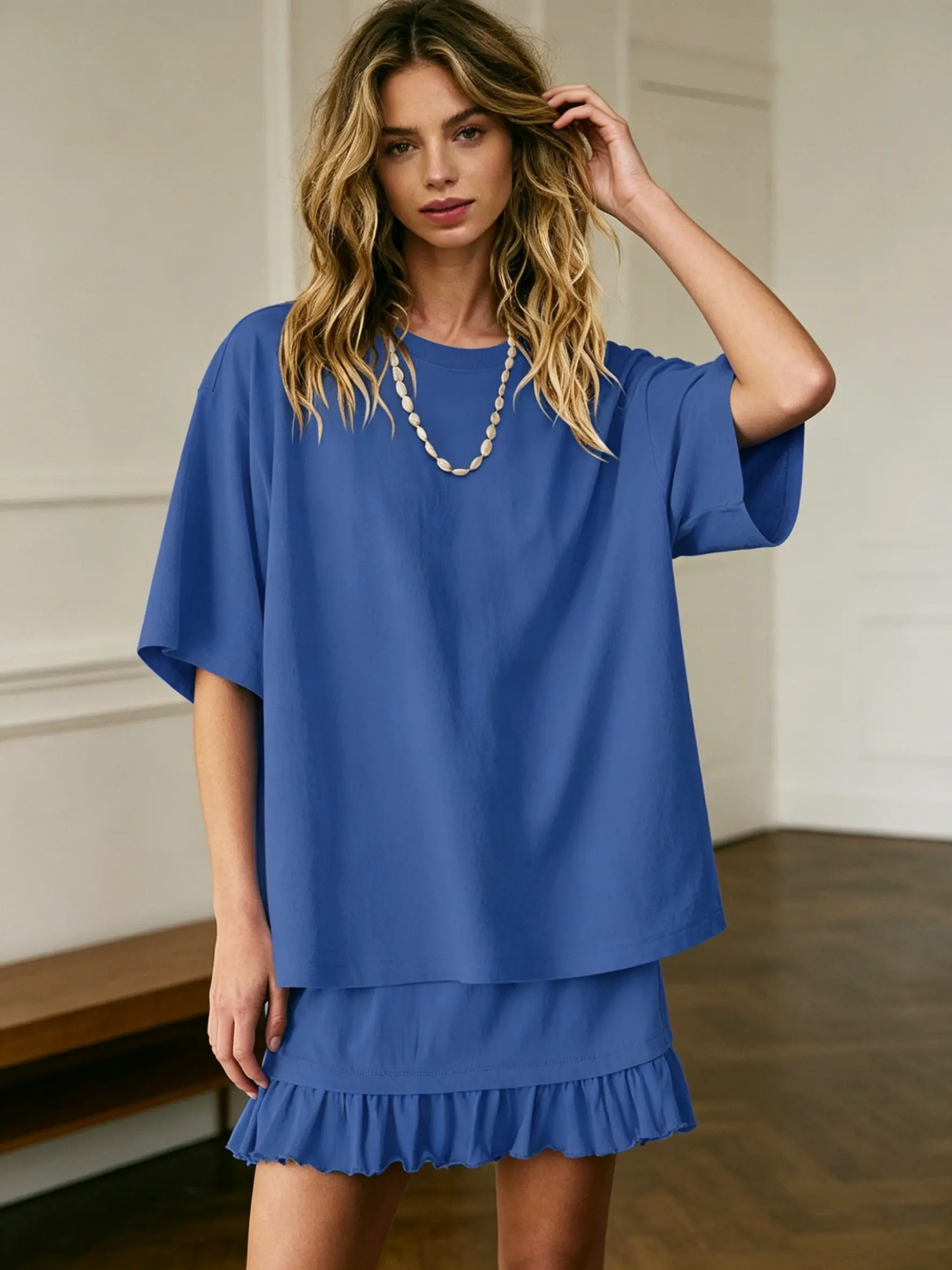 Womens 2 Piece Lounge Set Oversized Short Sleeve T-Shirt and Ruffle Mini Skirt Co-ord 65% Polyester 30% Viscose 5% Elastane 2026 Summer Casual Everyday Wear Effortless Y2K Outfit Comfortable Stretch Apparel Cute Matching Suit