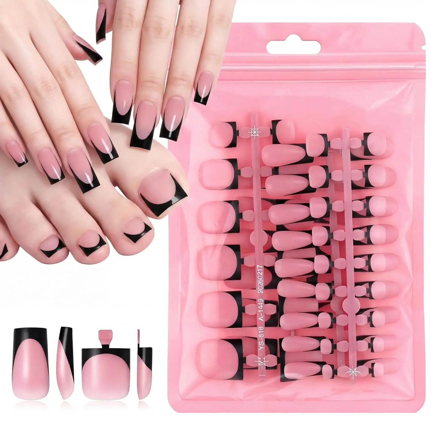 60-Piece French Tip Press-On Nails & Toenails Multi-Pack, Square Medium Full-Cover Acrylics Nail Beauty Products for Women, Ideal Valentine's Gift, Toe Press On Nails