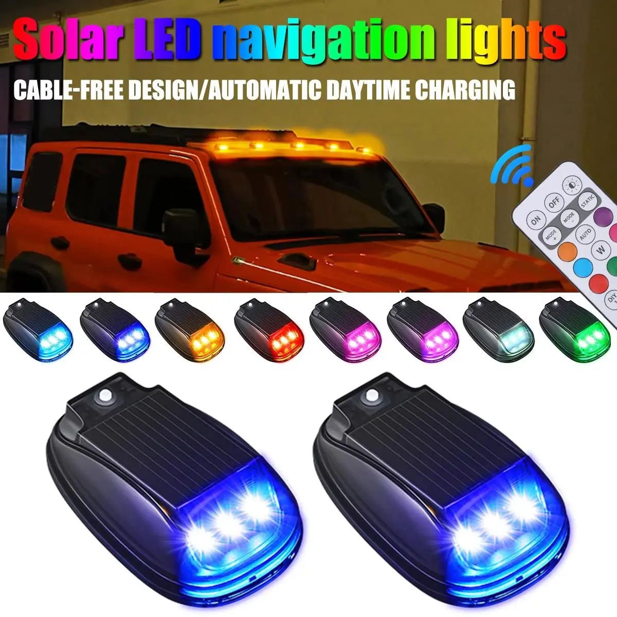 Solar Wireless LED Roof Cab Lights for Trucks & SUVs, 5-Pieces LED Pack Car Accessories, 7-Color RGB Strobe Lamps with Remote, No-Drill, Automatic Daylight Charge, Cab Lighting