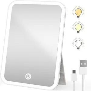 360 °   Rotating LED Makeup Mirror Rechargeable Travel Vanity Mirror with Lights Dimmable 3 Color LED and Brightness Portable Mirror for Desk Lighted Compact Travel Mirror with Touch Screen