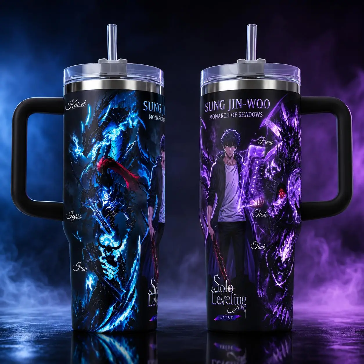 Solo Leveling Sung Jin-Woo Shadow Army Anime Tumbler Cup, Igris Beru Kaisel Blue Full Wrap Insulated Tumbler
