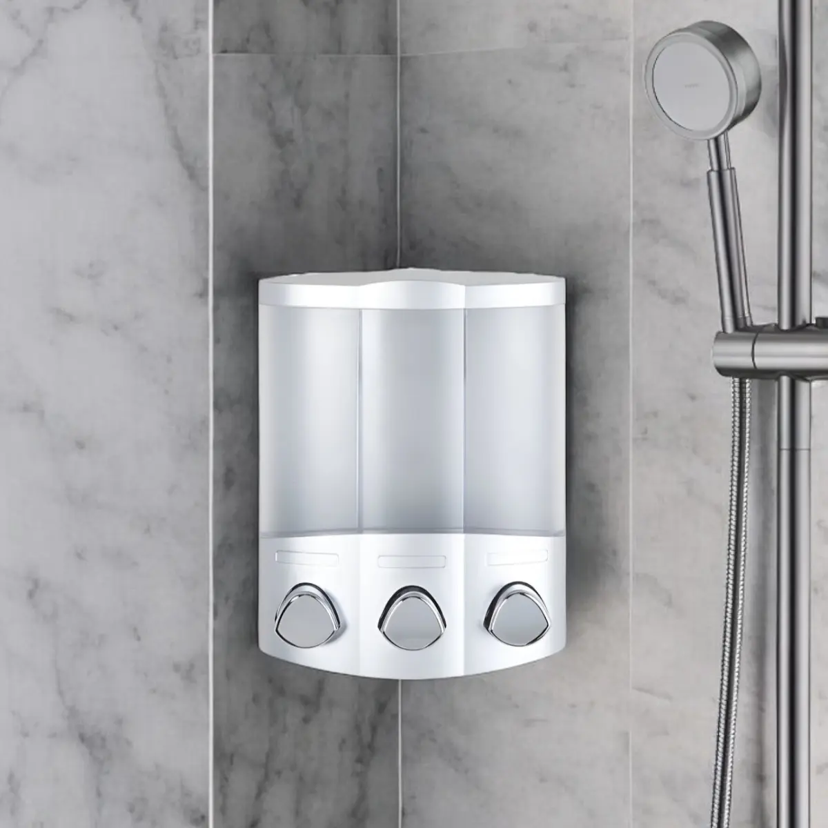 3-Chamber Wall-Mounted Soap Dispenser with 360° Stand - 44.1oz Sturdy Waterproof Heavy-Duty Plastic, Contemporary Gray Model 571497, Soap Saver, Clutter-Free Bathroom Accessory for Spa-Like Atmosphere & Commercial Use