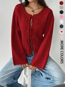 Women's Solid Tie Front Drop Shoulder Cardigan, Casual Long Sleeve Round Neck Jumper for Fall & Winter, Fashion Ladies' Knitwear for Daily Wear