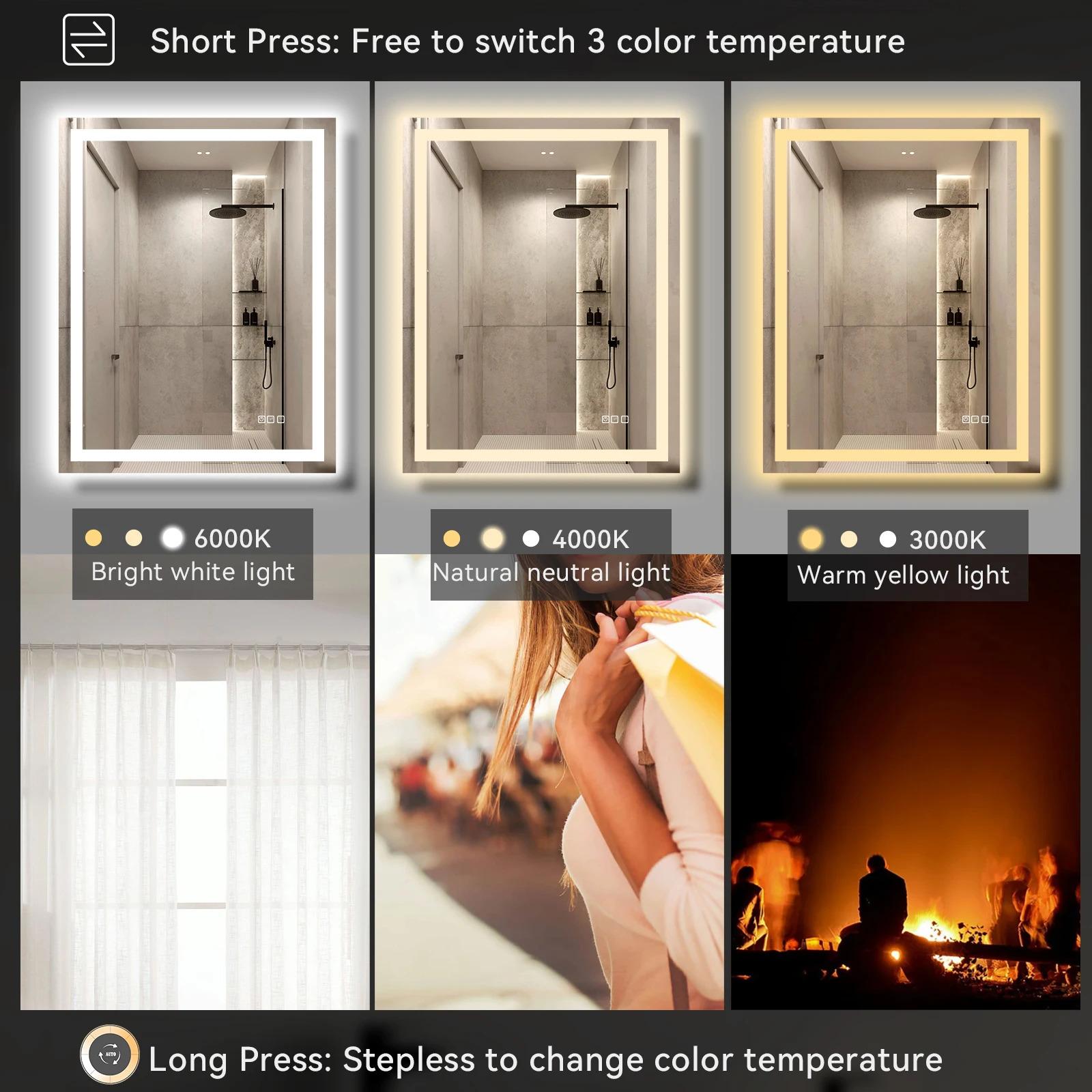 US Local Stock 28W 36H Inch Tempered Frameless Touch Adjustable Anti Fog Led Light Smart Bathroom Mirror With Led Light